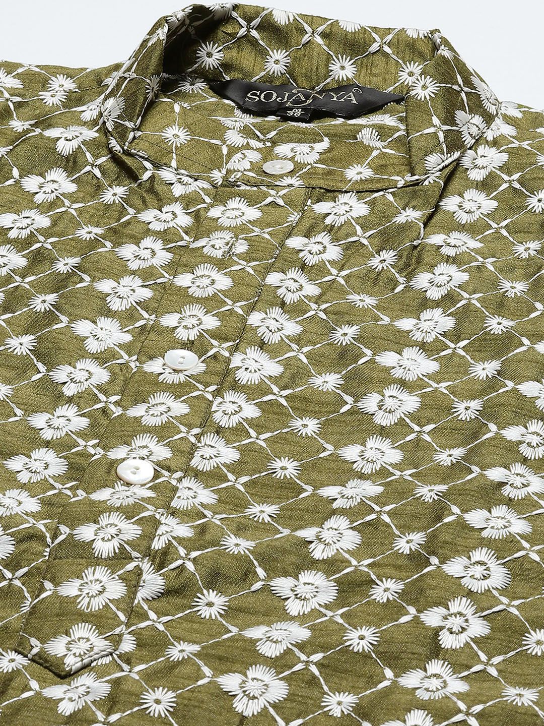 SOJANYA Men Olive Green & White Ethnic Motifs Embroidered Kurta