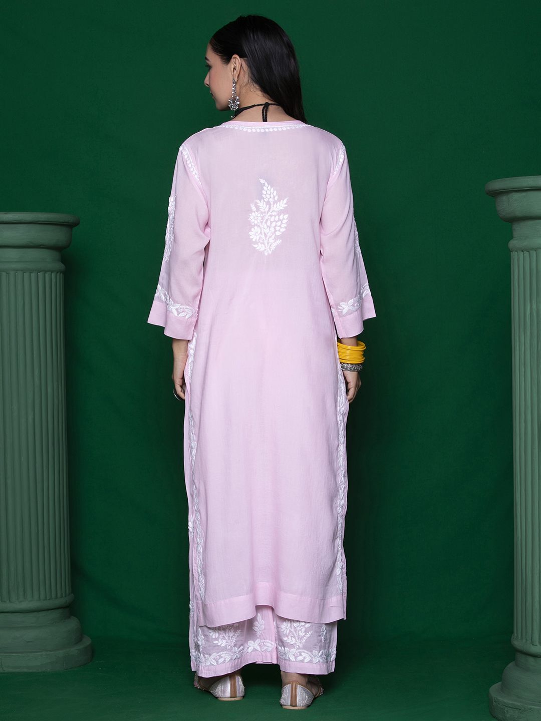 House of Chikankari Women Pink Modal Chikankari Embroidered Kurta Set