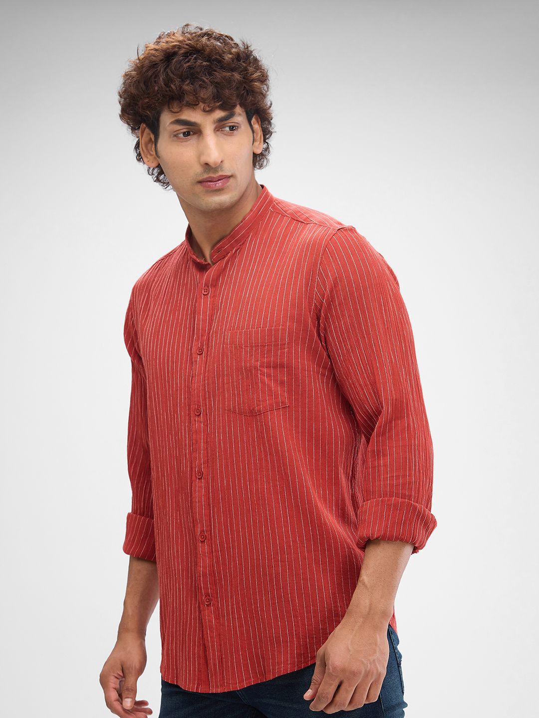 SPYKAR Men Striped Band Collar Slim Fit Casual Shirt