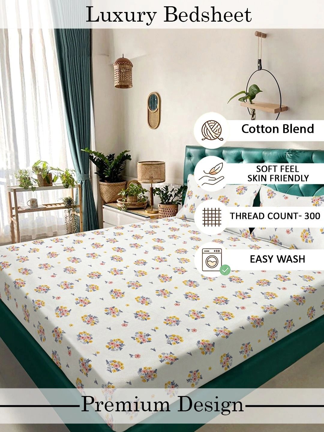 Moda Rapido X KLOTTHE Cream-Coloured Floral 300 TC King Bedsheet with 2 Pillow Covers
