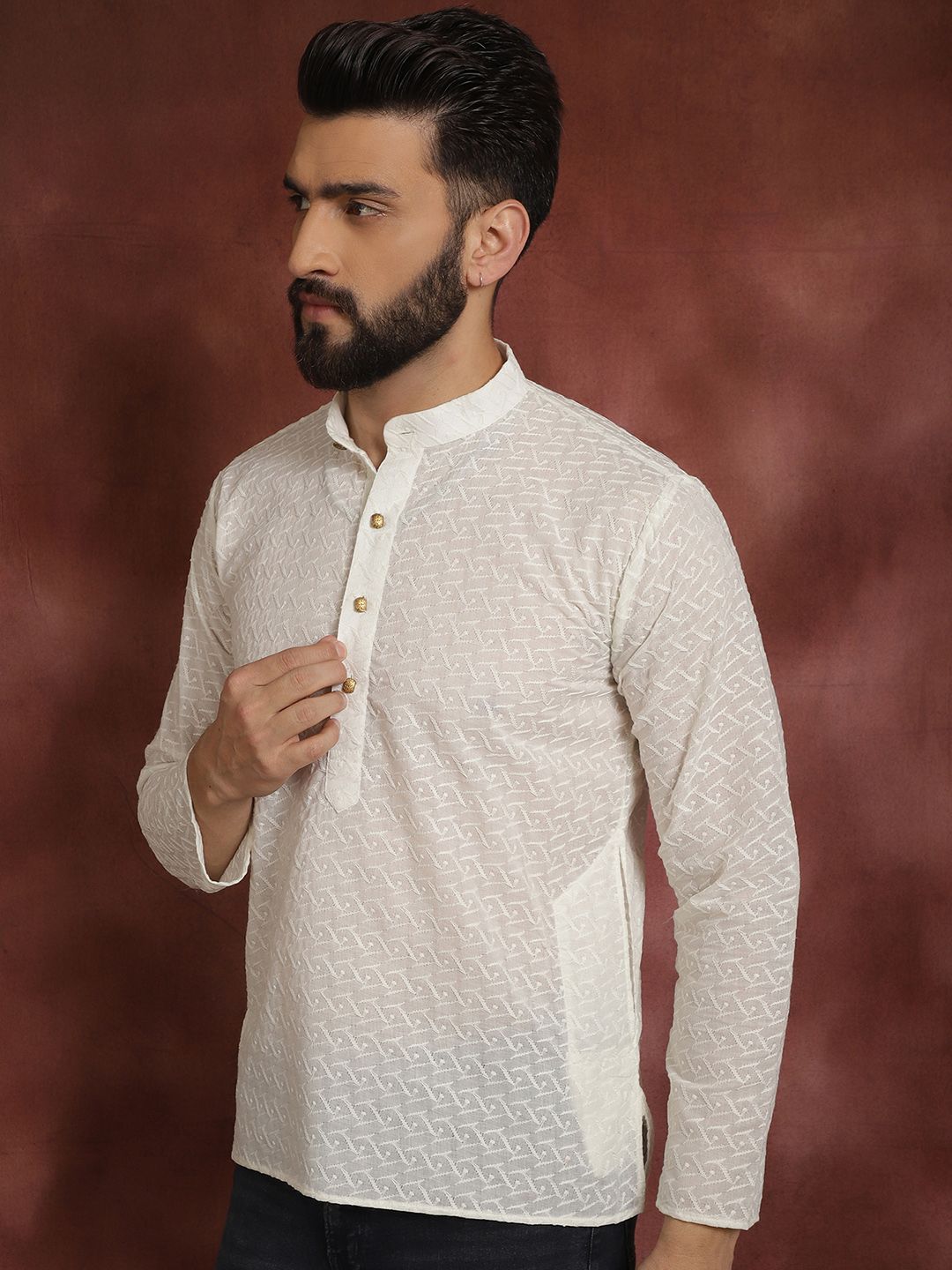 SOJANYA Ethnic Motifs Chikankari Embroidered Mandarin Collar Pure Cotton Kurta