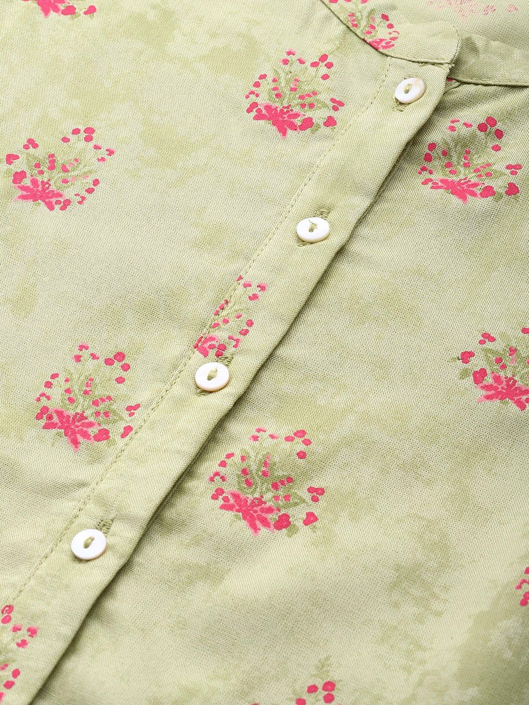 W Women Green & Pink Printed Straight Kurta