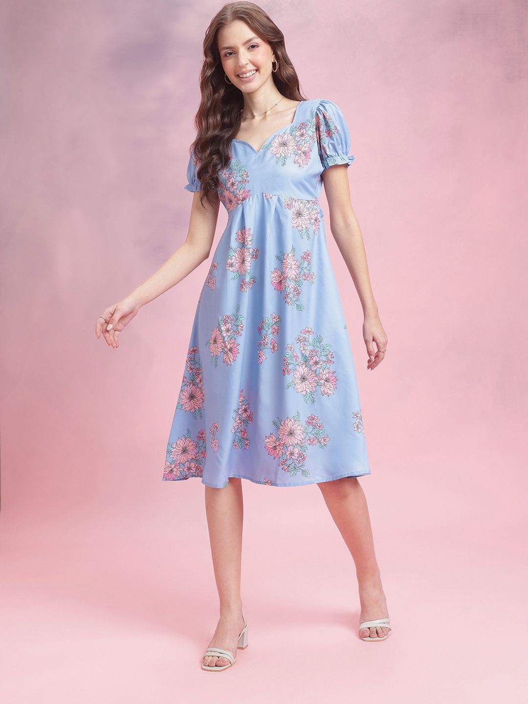DressBerry Floral Print Puff Sleeves Midi Fit & Flare Dress