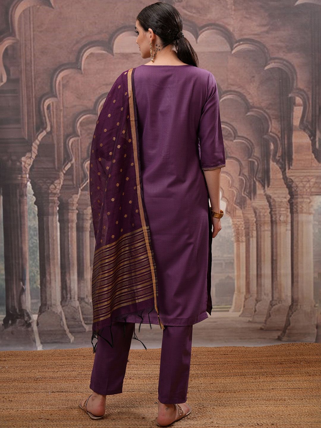 Vishudh Purple Embroidered Round Neck Straight Kurta with Trouser & Dupatta