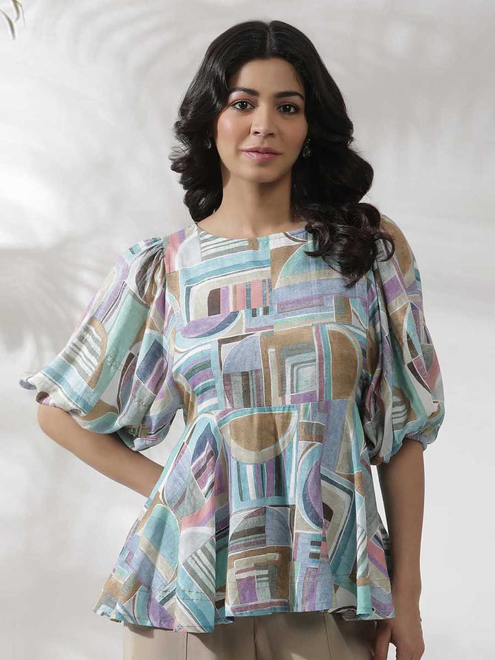 W Geometric Printed Puffed Sleeves Top