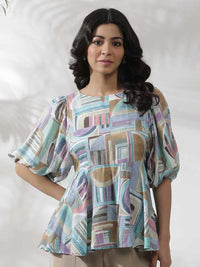 W Geometric Printed Puffed Sleeves Top