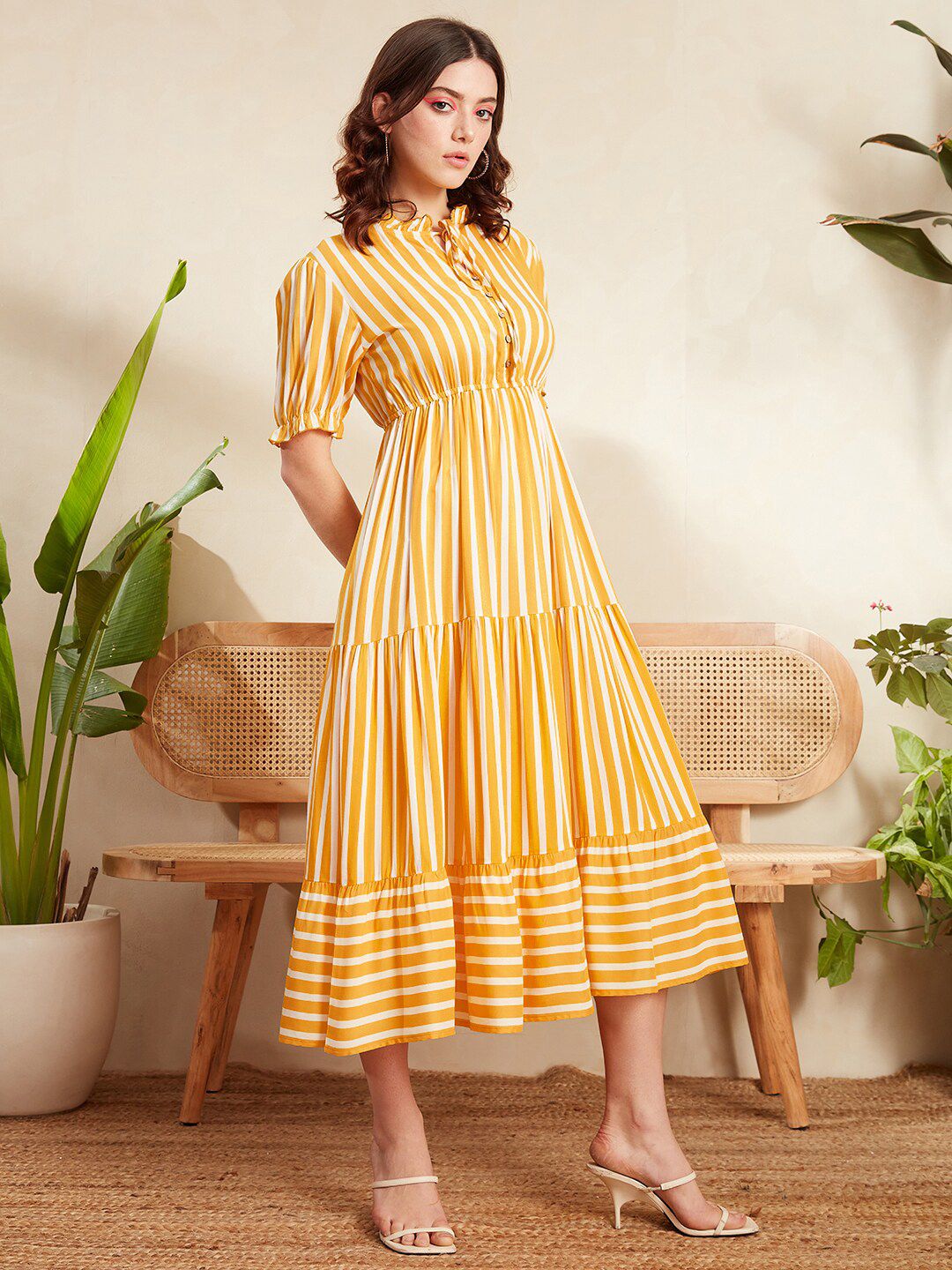Berrylush Yellow Striped Tie-Up Neck Puff Sleeves Gathered Tiered Fit & Flare Midi Dress