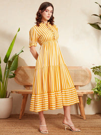 Berrylush Yellow Striped Tie-Up Neck Puff Sleeves Gathered Tiered Fit & Flare Midi Dress