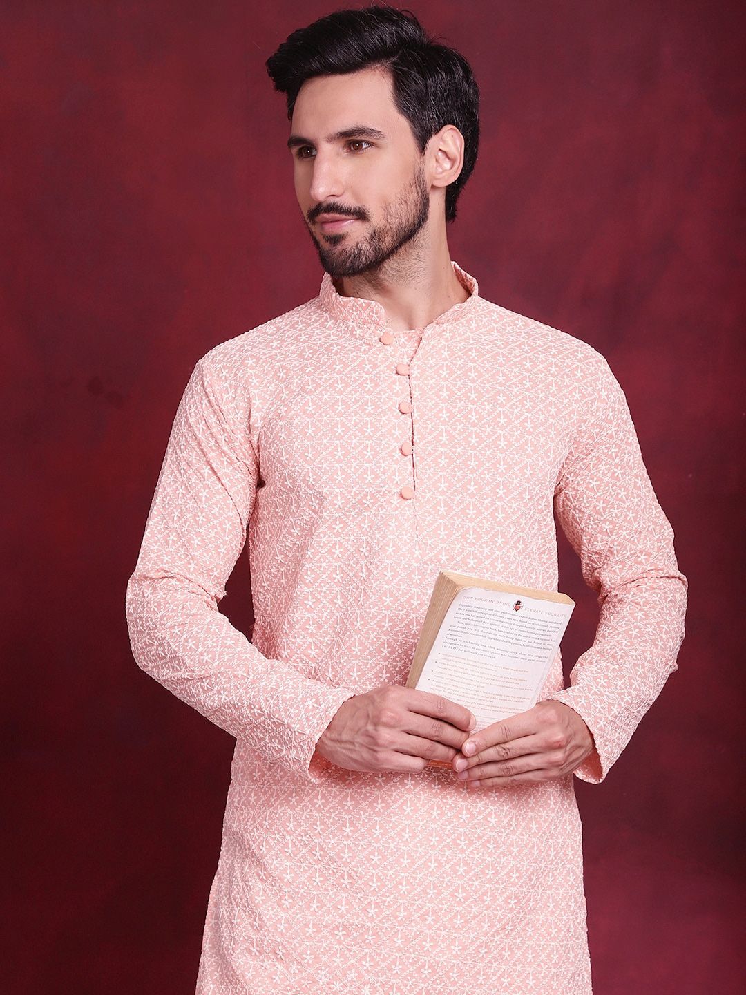 Jompers Floral Embroidered Chikankari Mandarin Collar Pure Cotton Kurta With Churidar