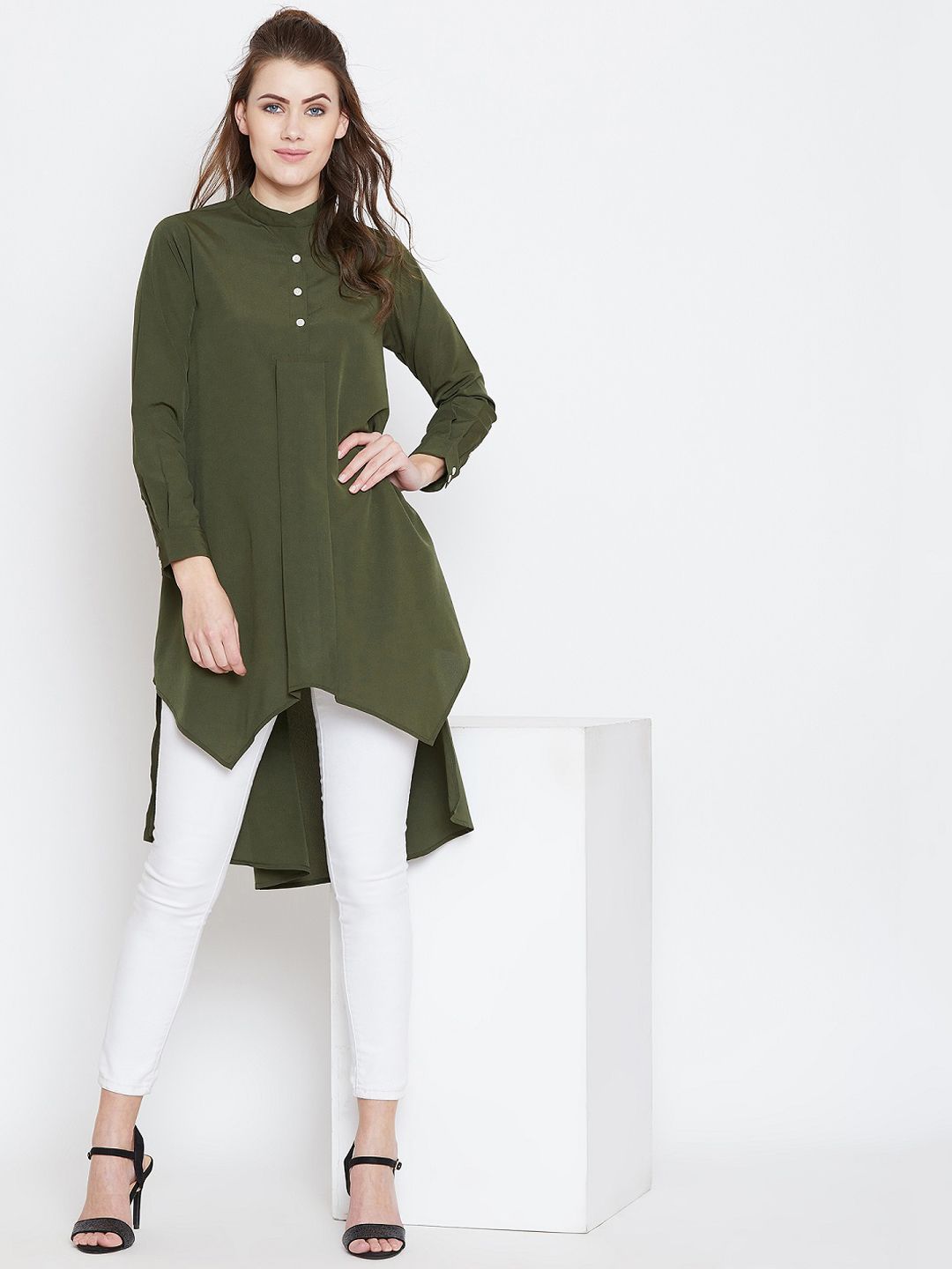 Berrylush Women Olive Green Solid High-Low Top