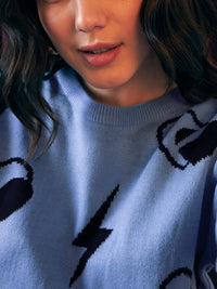 Berrylush Blue Graphic Printed Acrylic Pullover