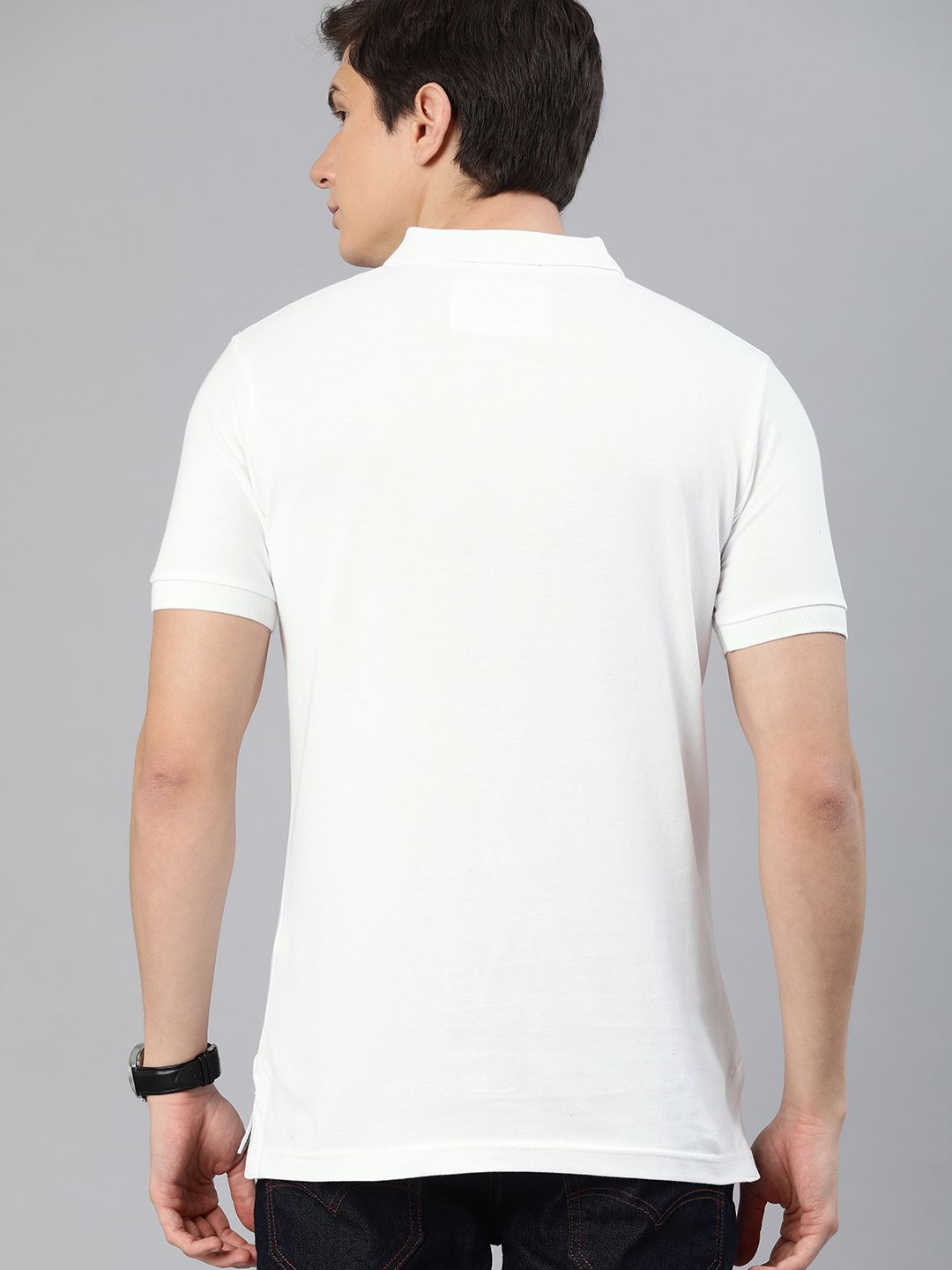 THE BEAR HOUSE Men White Solid Slim Fit Polo Collar Pure Cotton T-shirt