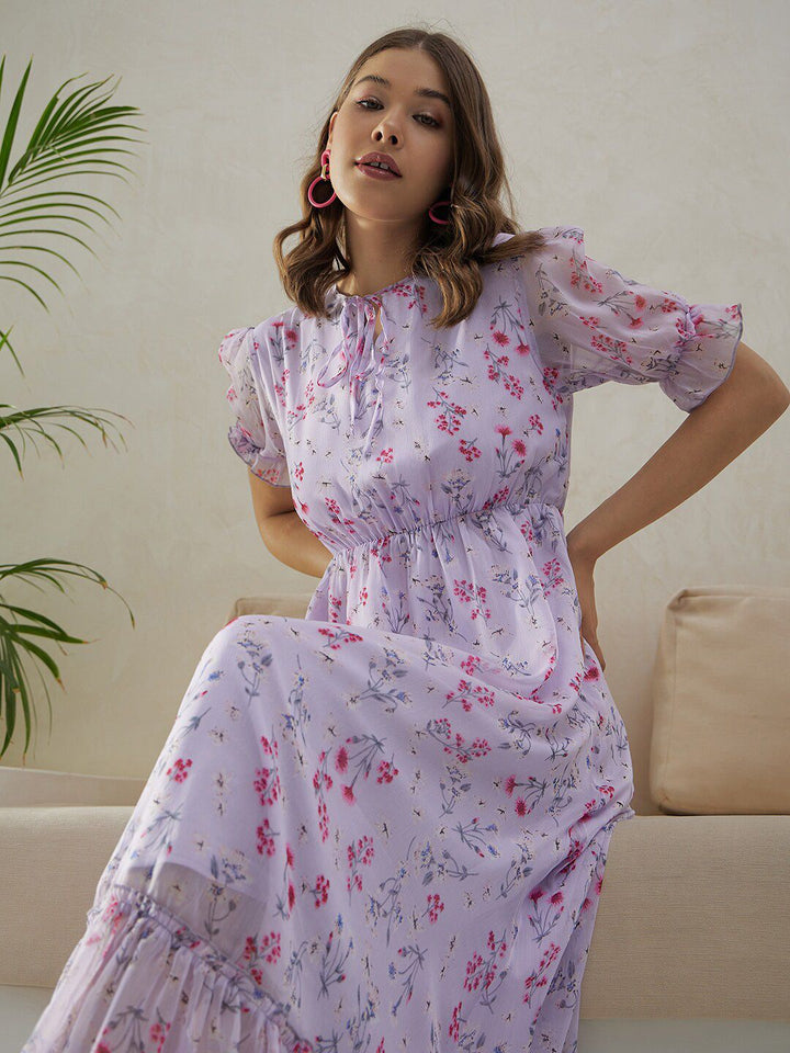 Berrylush Purple Floral Printed Tie-Up Neck Puff Sleeves Gathered A-Line Midi Dress