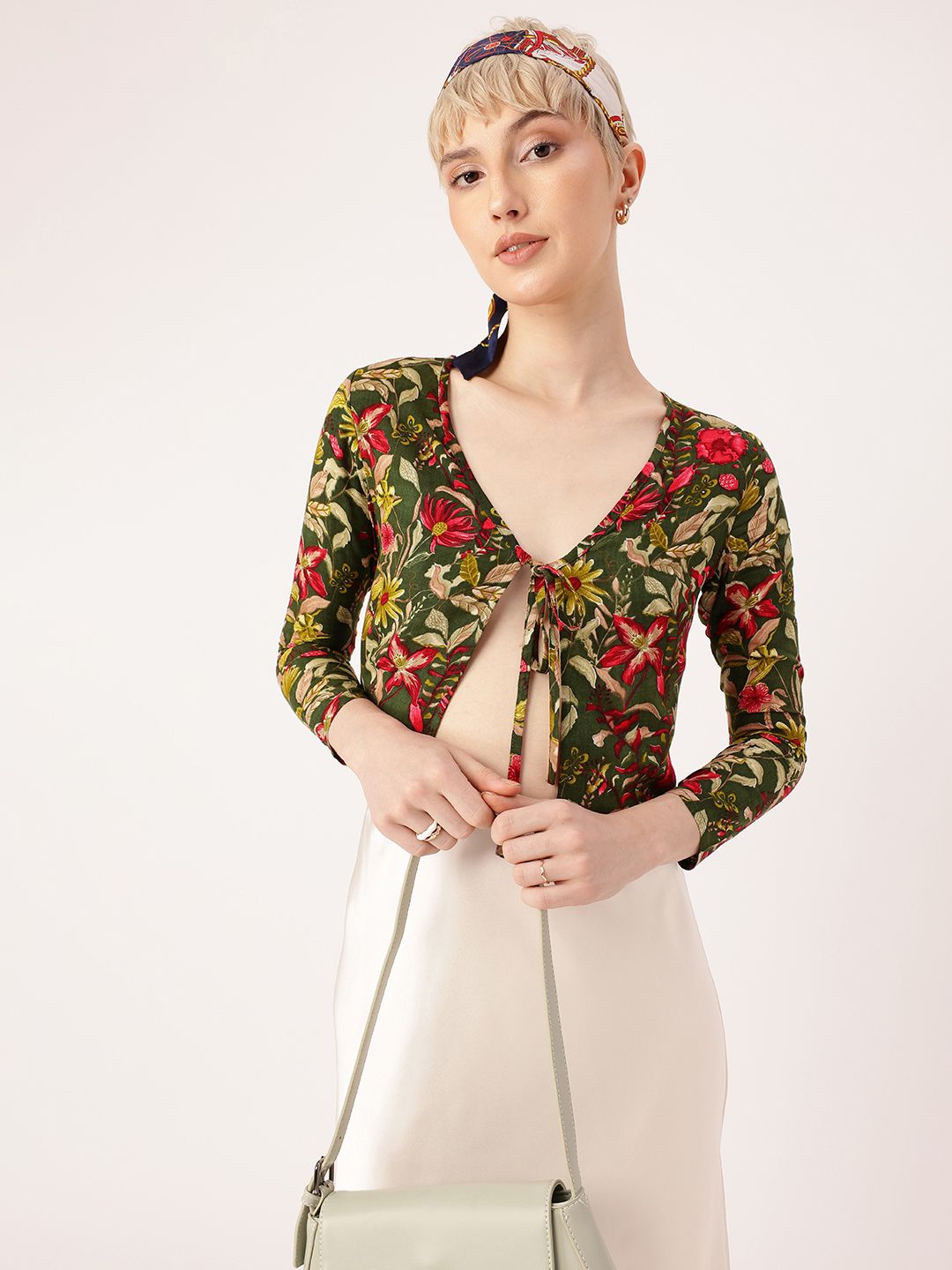 DressBerry Floral Printed Tie-Up Front Open Crop Top