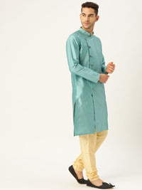 SOJANYA Men Sea Green Woven Design Straight Angrakha Kurta