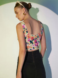 Berrylush White Floral Printed Square Neck Sleeveless Regular Crop Top
