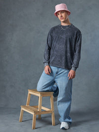 Bewakoof Self Design Drop-Shoulder Sleeves Oversized Acid Wash Cotton T-shirt