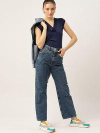 DressBerry Navy Blue Extended Sleeves Lace Regular Top