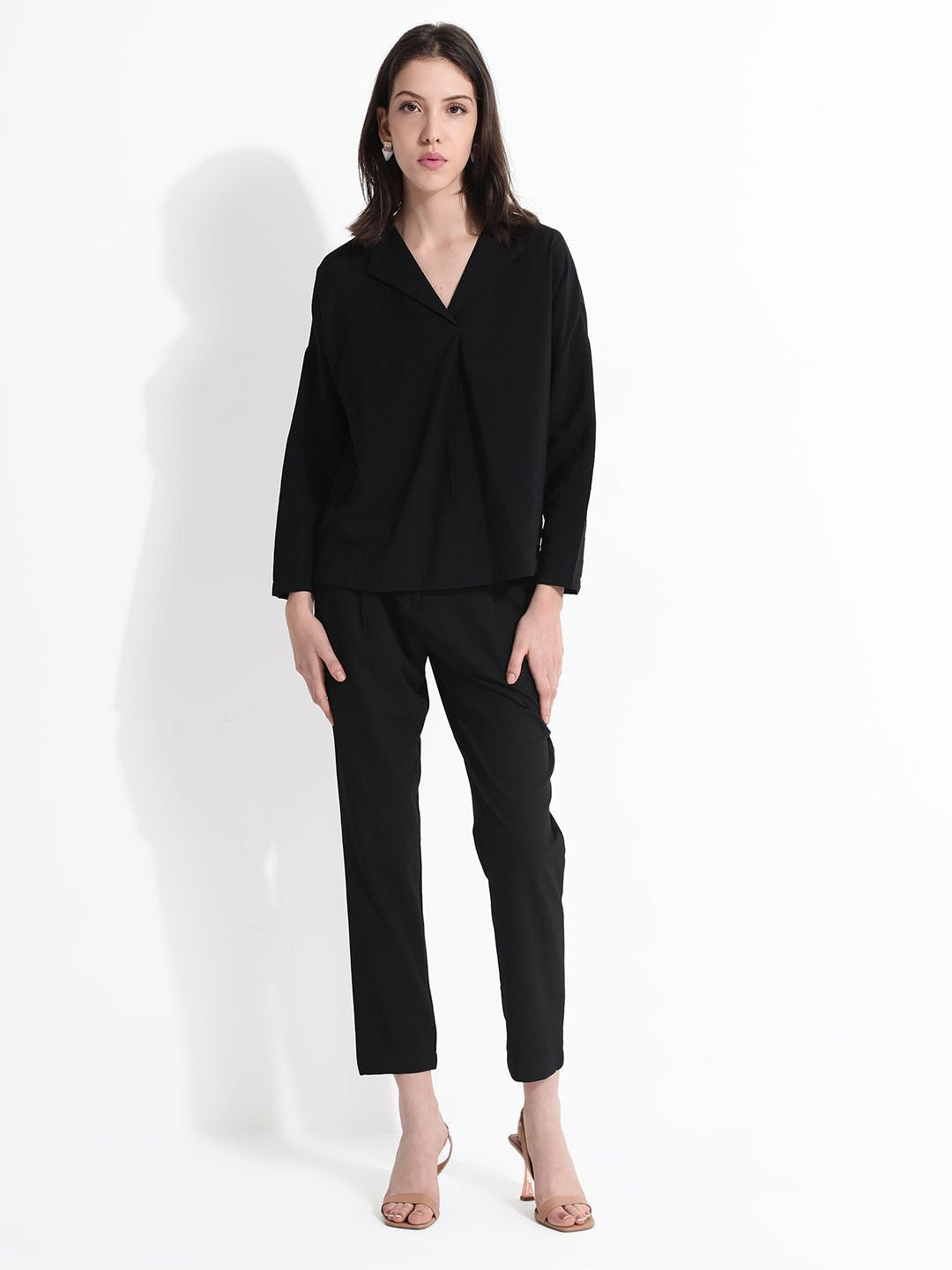 RAREISM Solid Lapel Collar Cotton Top
