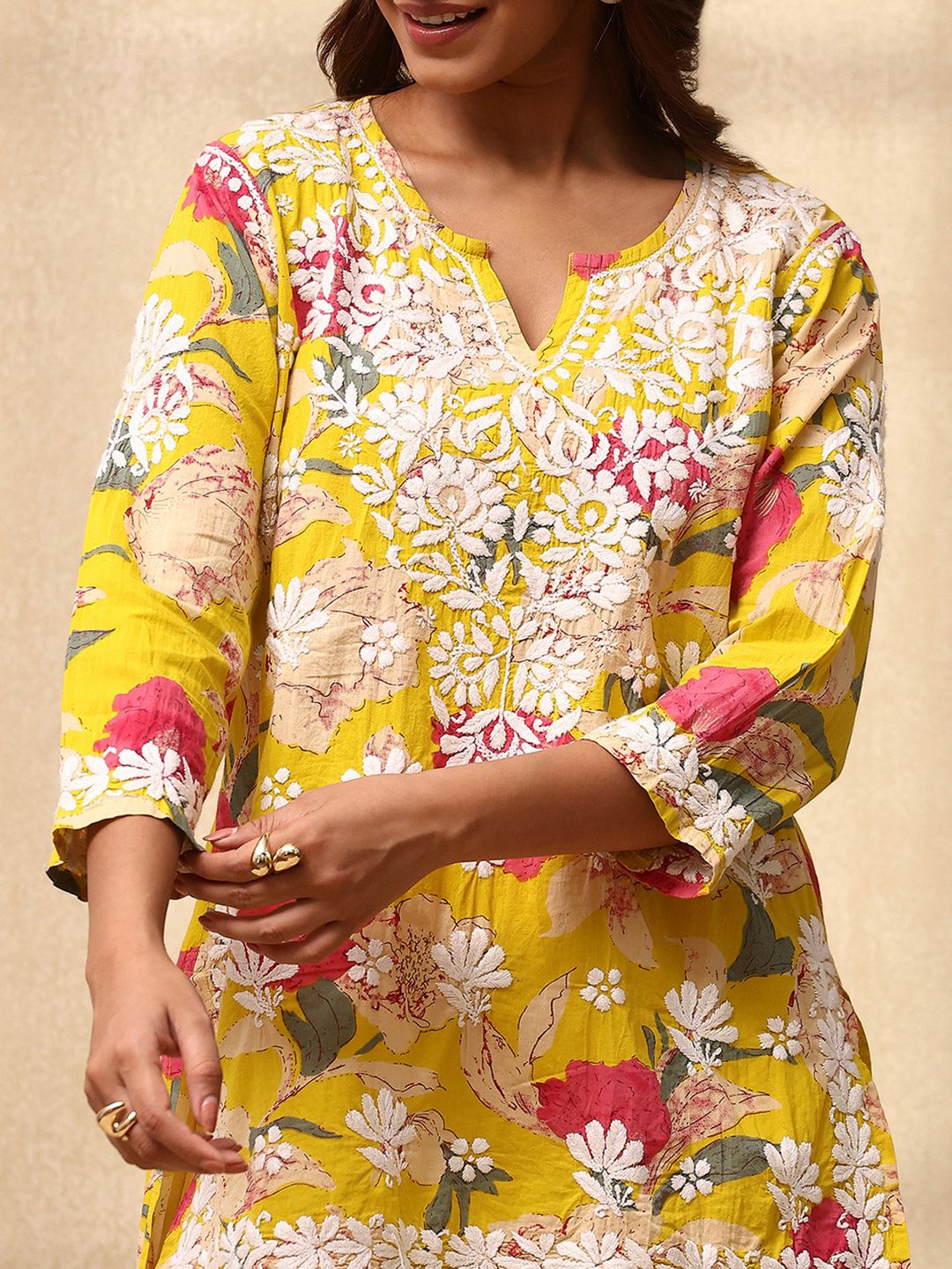Rumah Wanita Chikankari Cotton Kuning Chikankari Sulam Kurta