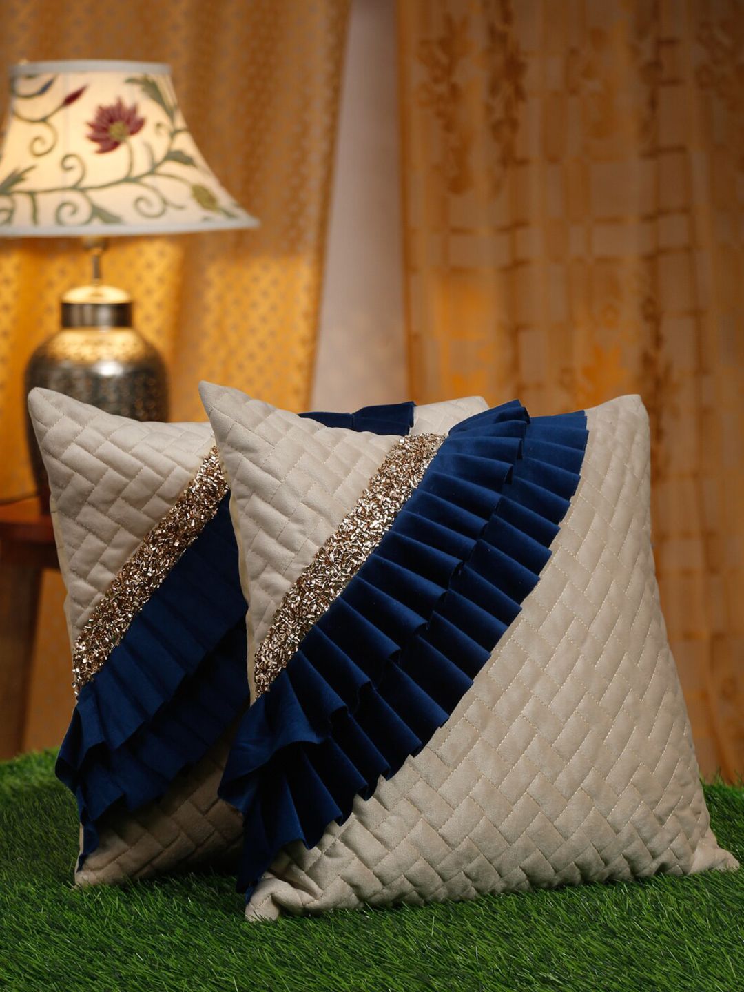 HOSTA HOMES Off White & Navy Blue 2 Pieces Embellished Square Cushion Covers