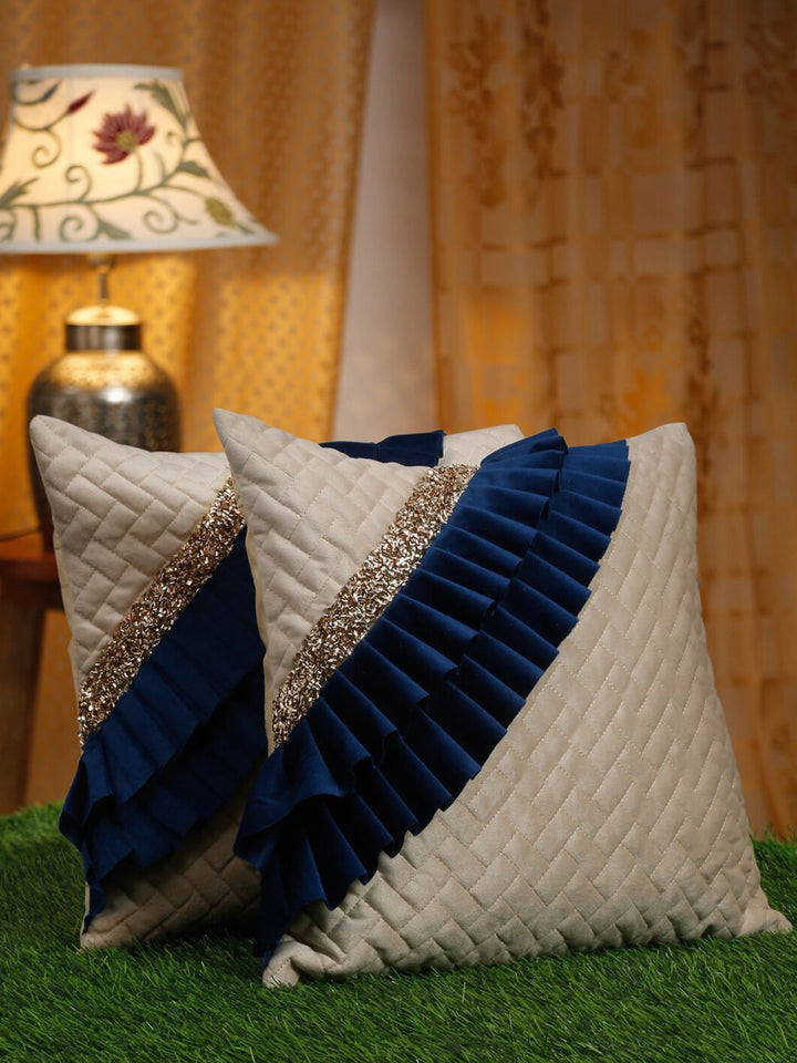 HOSTA HOMES Off White & Navy Blue 2 Pieces Embellished Square Cushion Covers