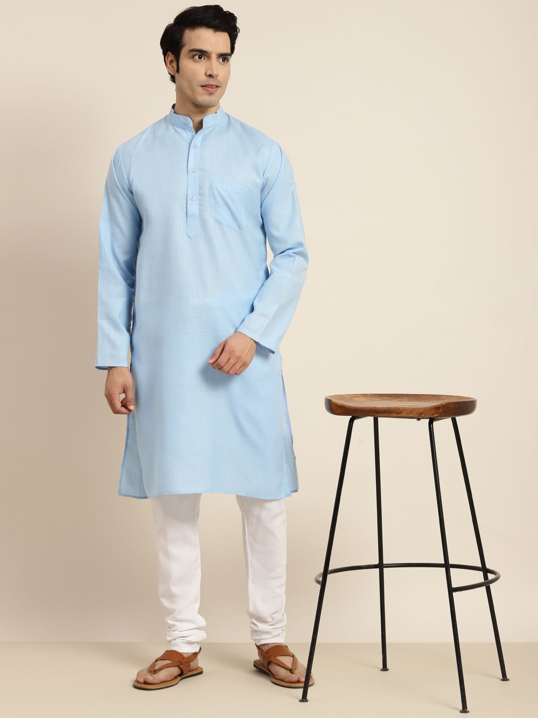 Anug by SOJANYA Men Blue Band Collar Kurta