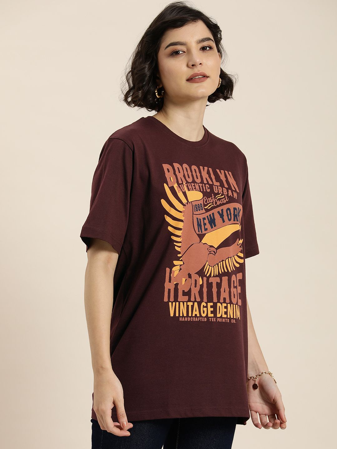 DILLINGER Women Maroon & Peach-Coloured Typography Pure Cotton Oversized T-shirt