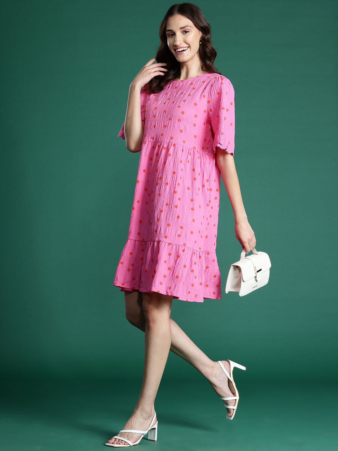 DressBerry Polka Dots Print Crinkled A-Line Dress