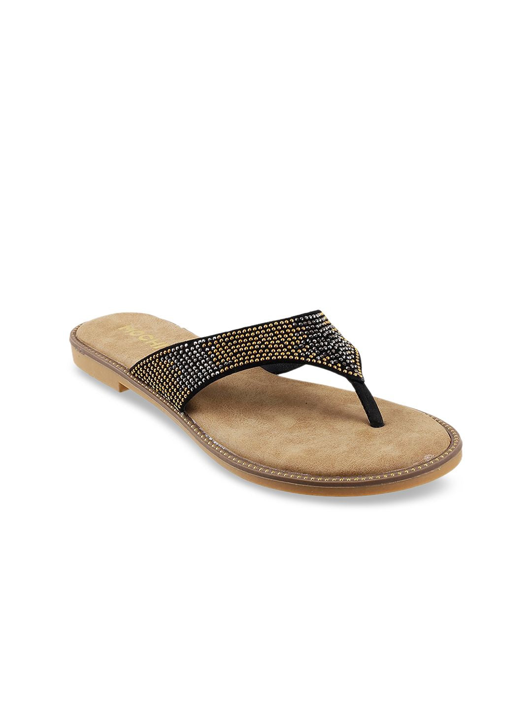 Mochi Women Black Embellished Open Toe Flats