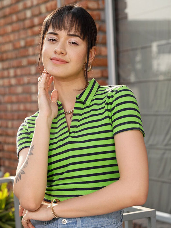 STREET 9 Green & Black Striped Polo Collar Crop Pure Cotton T-shirt