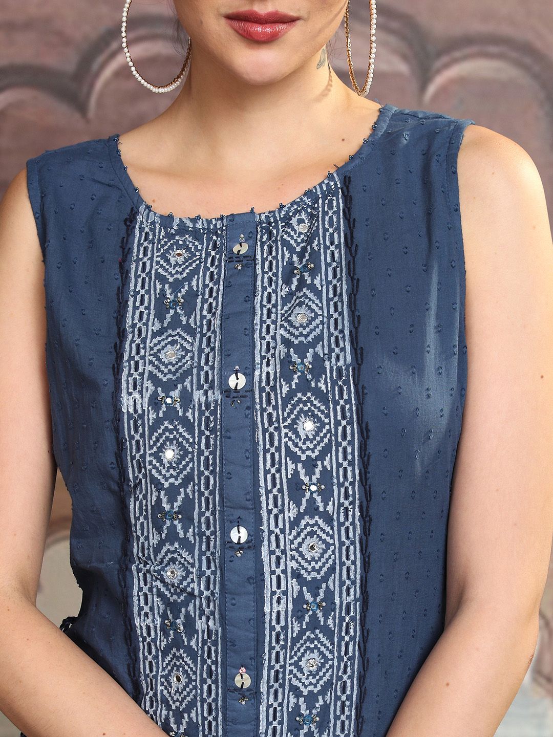 Vishudh Geometric Printed Embroidered Cotton Midi A-Line Dress