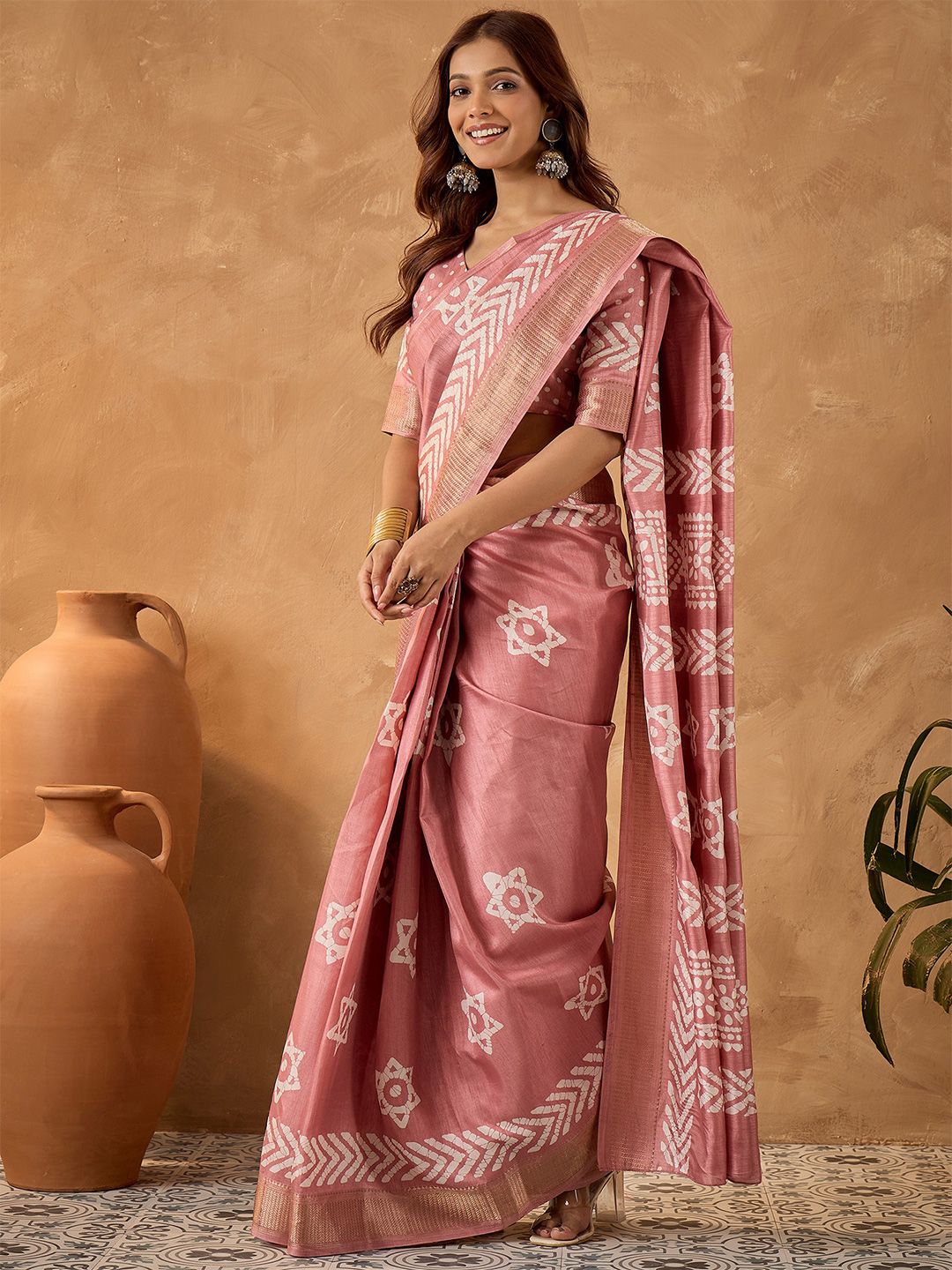 Saree mall Floral Zari Block Print Ready to Wear Sarees