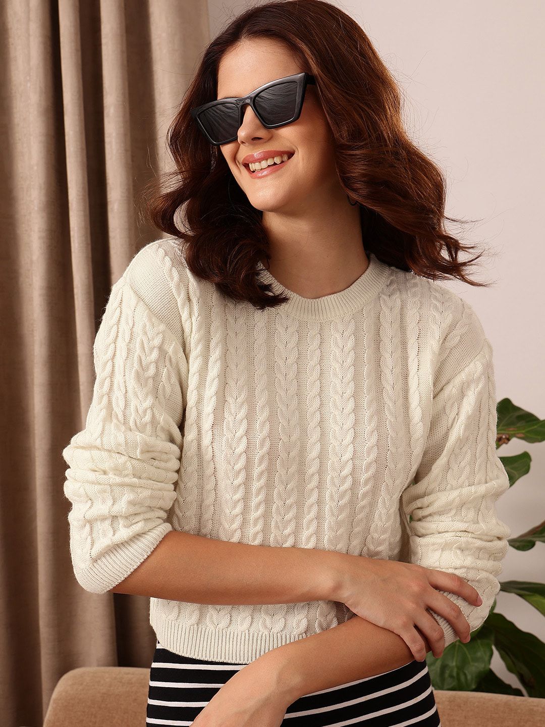 STREET 9 Self Design Round Neck Long Sleeve Acrylic Cable Knit Pullover Sweaters