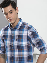 The Indian Garage Co Men Blue Tartan Checked Cotton Casual Shirt