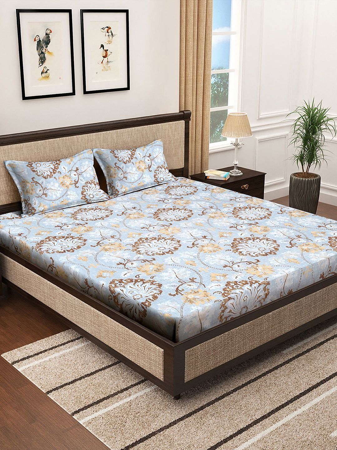 Myntra Elegant Homes Biru & Kelabu Bercetak 300 TC Set Cadar King 2.5m x 2.25m