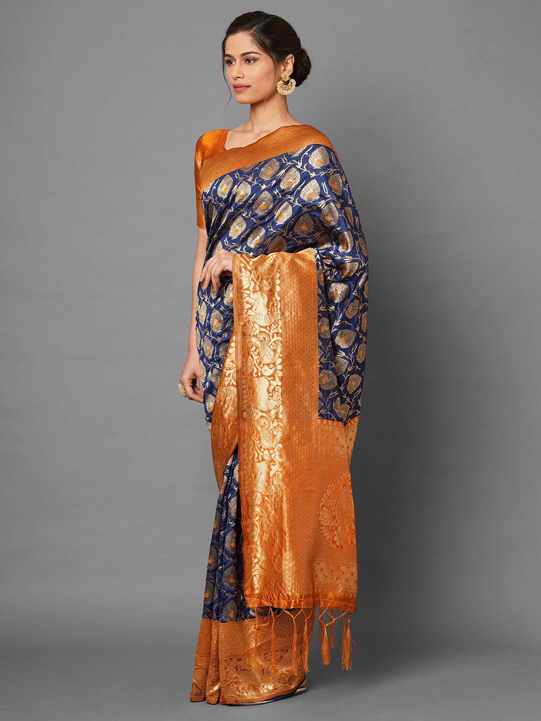 Saree mall Navy Blue & Orange Woven Design Zari Silk Blend Banarasi Sarees
