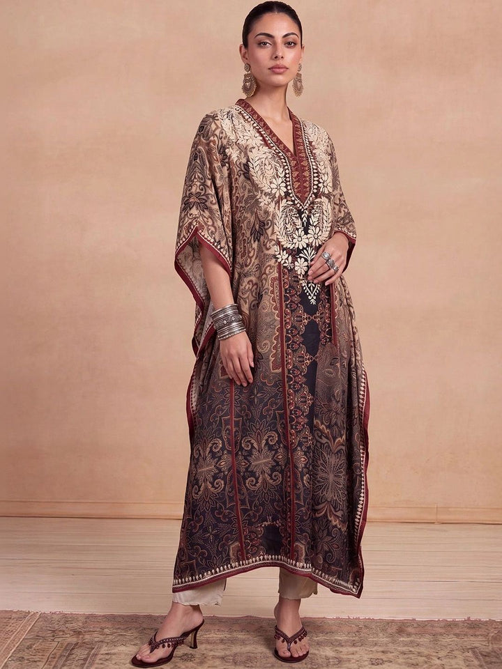 Rumah Wanita Chikankari Sulam Lengan Panjang Kerja Benang Krep Kaftan Kurta