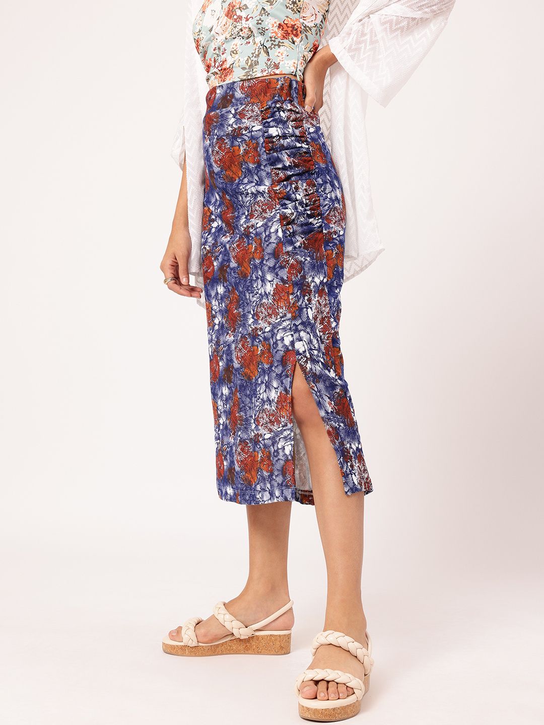 DressBerry Sugarplum Stylish Floral Printed Side-Slit Ruched Midi Skirt
