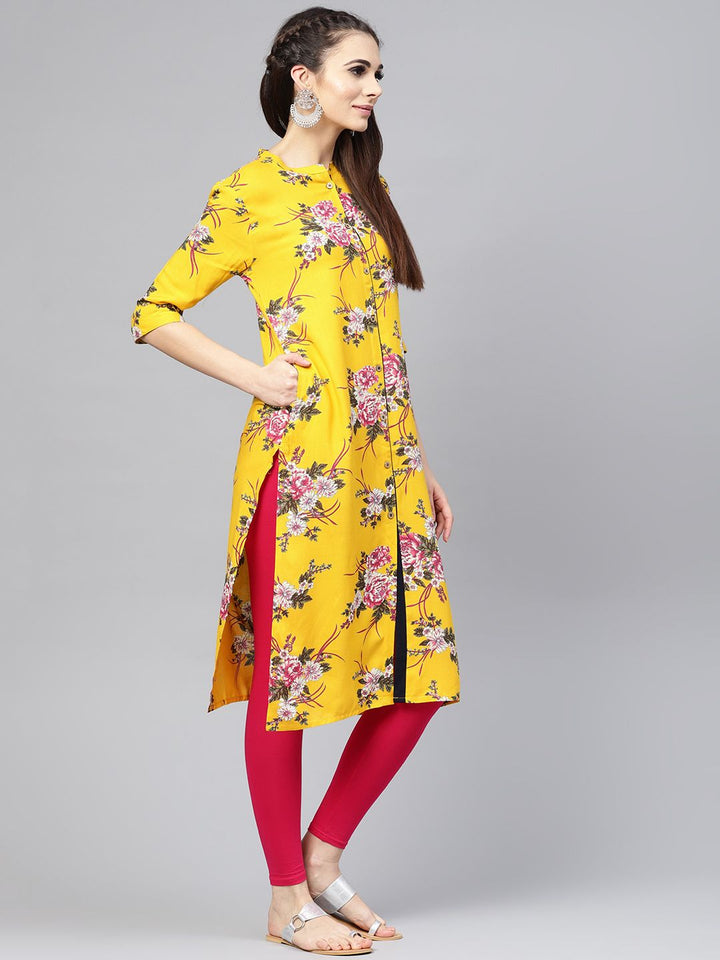 SOJANYA Women Mustard Yellow & Pink Floral Printed Straight Kurta