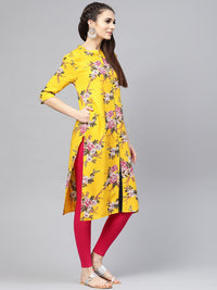 SOJANYA Women Mustard Yellow & Pink Floral Printed Straight Kurta