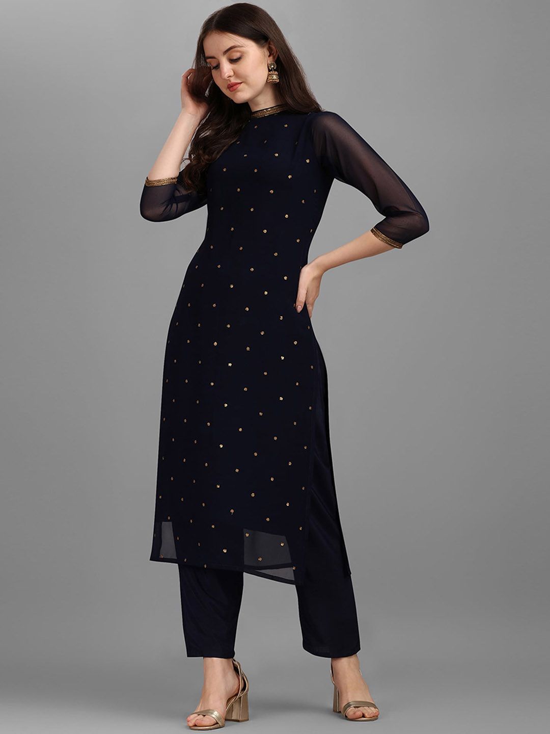 KALINI Sequin Embellished Straight Kurta with Trousers