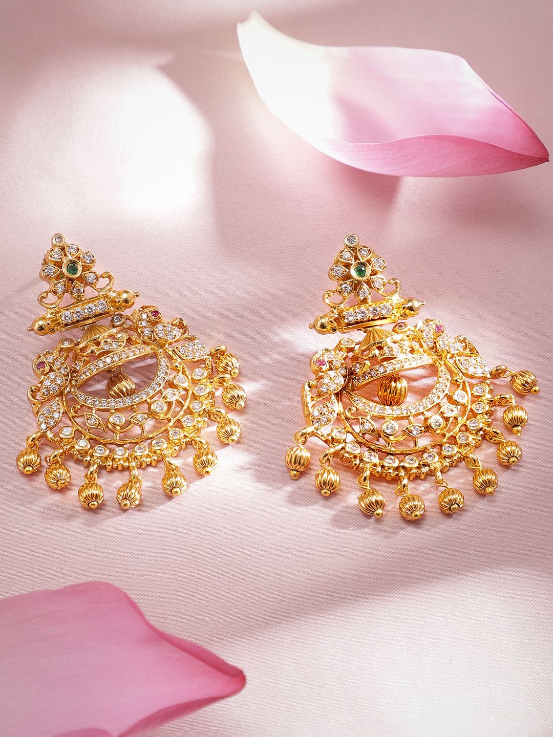 Rubans 22K Gold-Plated Emerald & Cubic Zirconia Studded Chandbali Earrings with Gold Beads