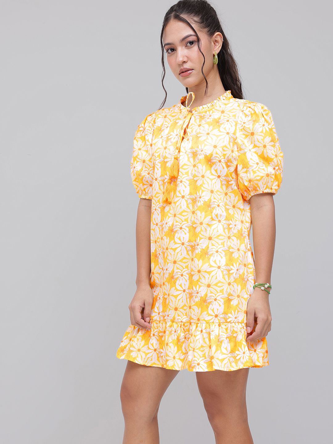 DressBerry Sunny Cheerful Blooms Puff Sleeves A-Line Dress