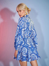 SASSAFRAS Blue Ethnic Motifs Printed Flared Mini Fit & Flare Dress