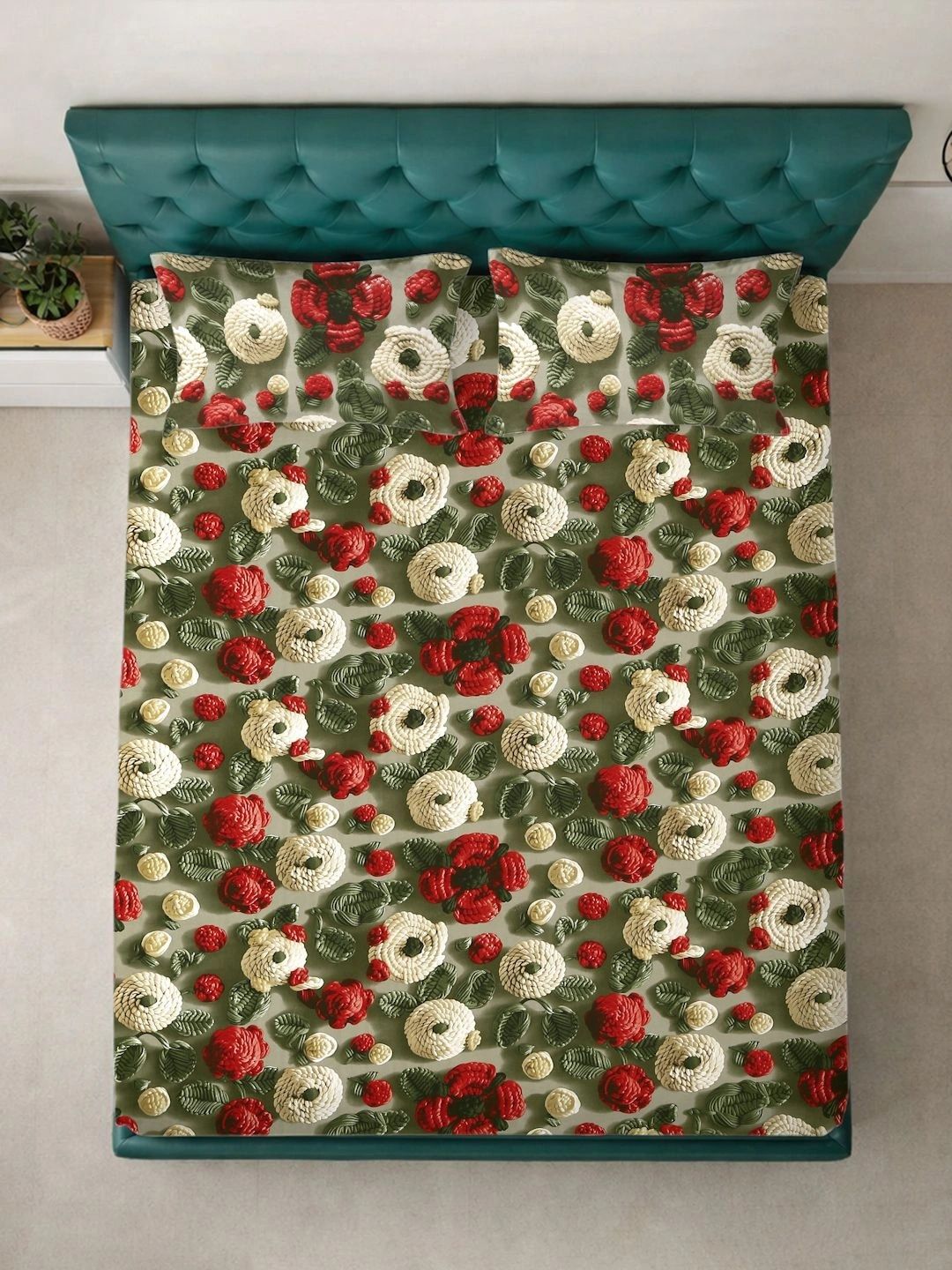 Moda Rapido X KLOTTHE Green & Red Floral 300 TC King Bedsheet with 2 Pillow Covers