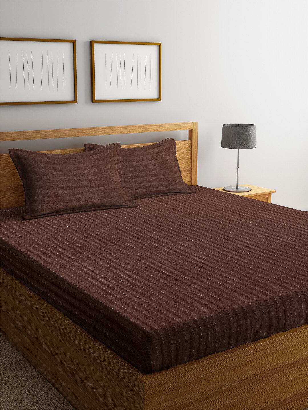 HOSTA HOMES Brown Striped 300TC Double King Bedsheet With 2 Pillow Covers