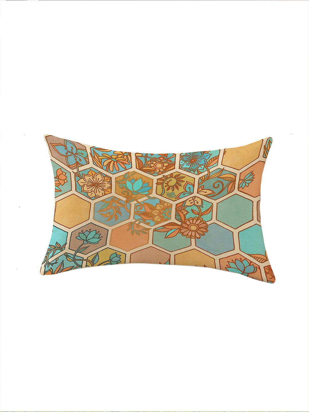 STITCHNEST Set of 2 Green & Orange Floral Rectangle Cushion Covers