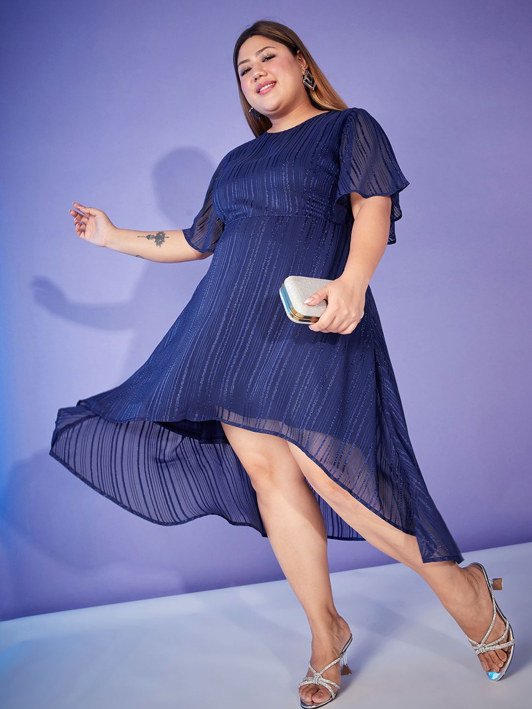 SASSAFRAS Curve Plus Size Navy Blue Self Design Flared Sleeves Fit & Flare Midi Dress