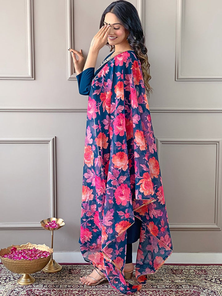 KALINI Floral Embroidered Regular Thread Work Straight Kurta With Trousers & Dupatta
